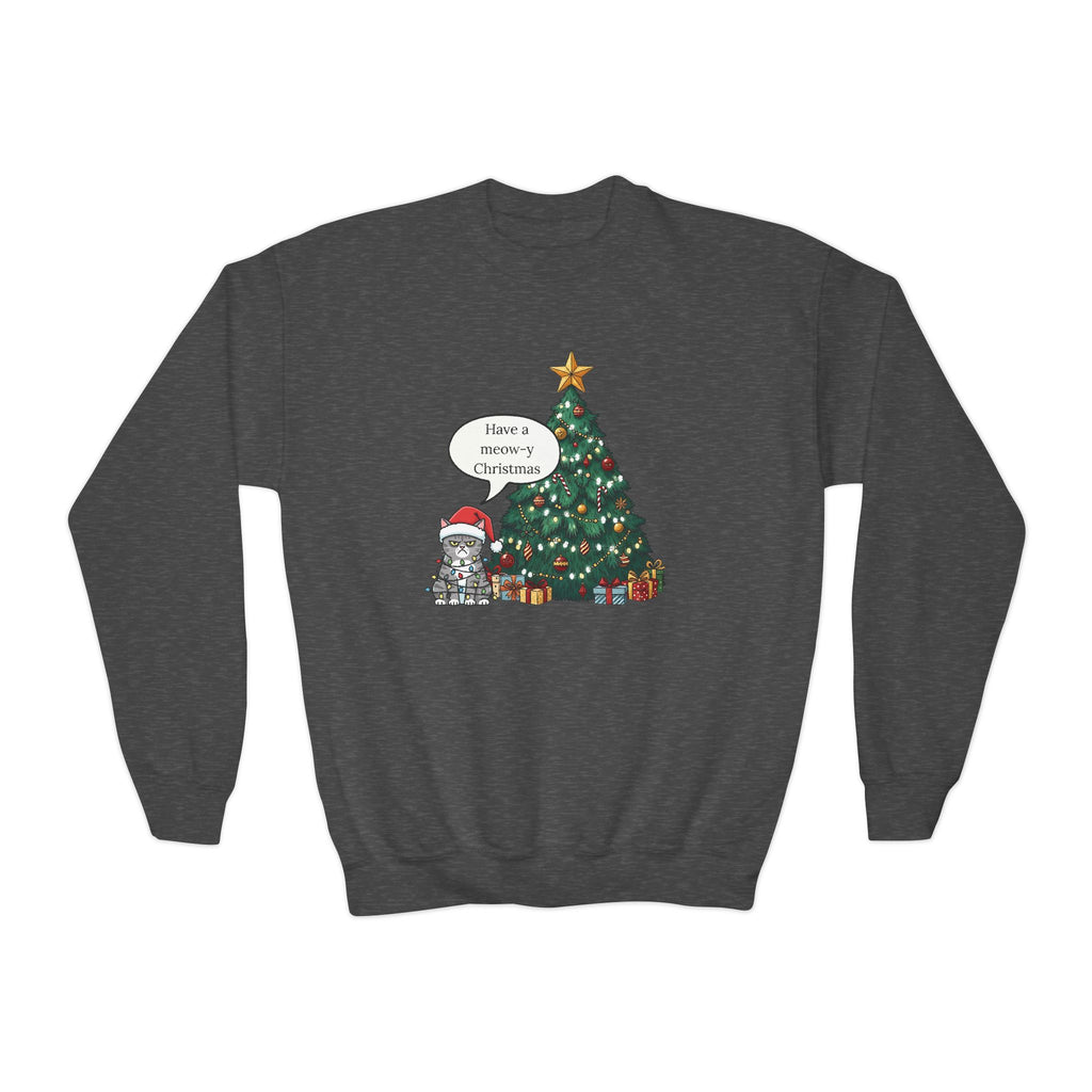 Youth Sweatshirt — Cute Kitty in Santa Hat Next to Decorated Christmas Tree (“Have a Meowy Christmas”)
