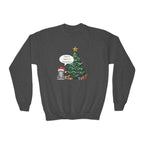 Youth Sweatshirt — Cute Kitty in Santa Hat Next to Decorated Christmas Tree (“Have a Meowy Christmas”)