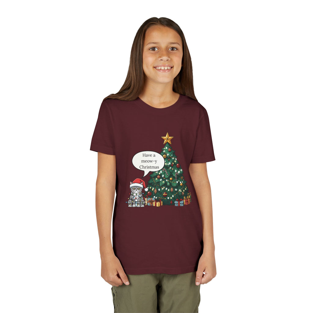 Youth Tee — "Have a Meowy Christmas" Cat & Christmas Tree Holiday Shirt