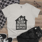 Eat Sleep School Repeat T-Shirt — Women’s Casual Graphic Tee for Homeschoolers