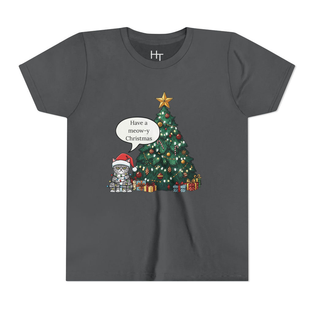 Youth Tee — "Have a Meowy Christmas" Cat & Christmas Tree Holiday Shirt