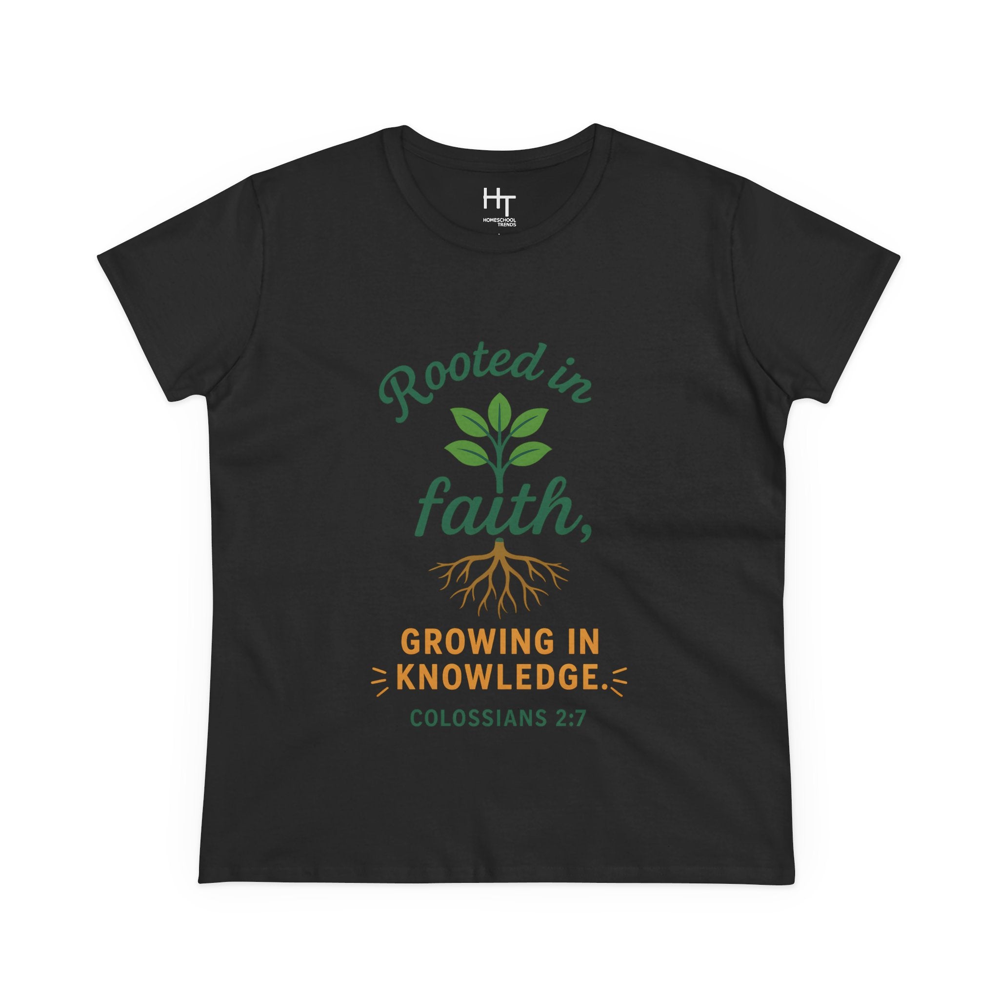 Rooted in Faith Women's Tee — "Growing in Knowledge" Colossians 2:7 Christian T-Shirt