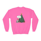 Youth Sweatshirt — Cute Kitty in Santa Hat Next to Decorated Christmas Tree (“Have a Meowy Christmas”)