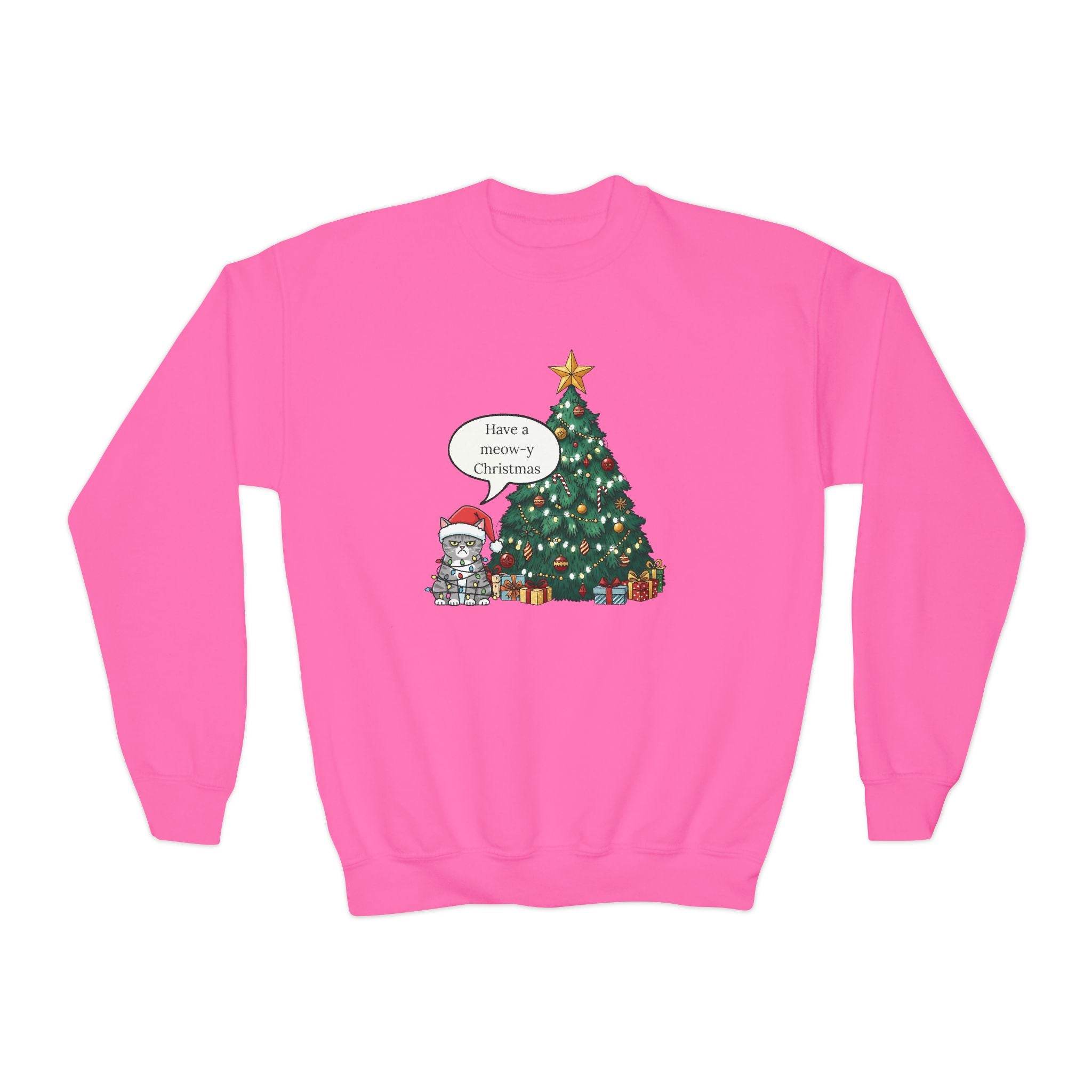 Youth Sweatshirt — Cute Kitty in Santa Hat Next to Decorated Christmas Tree (“Have a Meowy Christmas”)