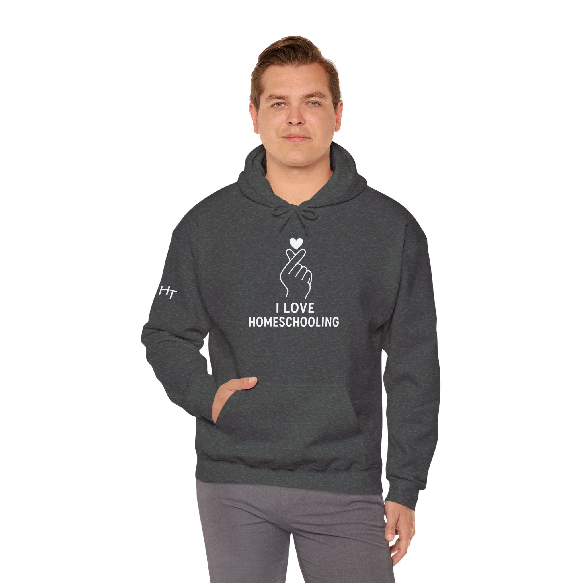I Love Homeschooling Adult Hoodie — Minimal Heart Finger Design for Homeschool Students/Parents
