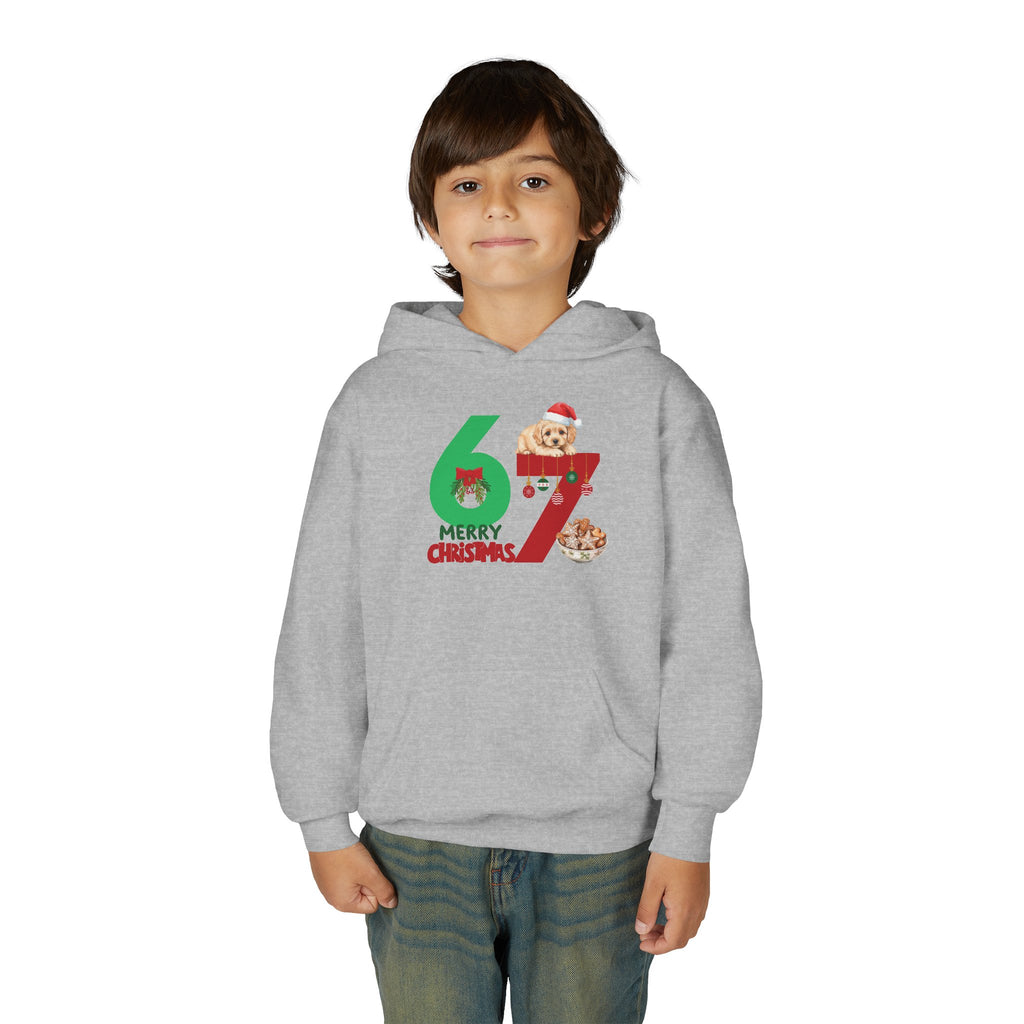 Youth Christmas Hoodie "67 Merry Christmas" Cute Santa Puppy Design