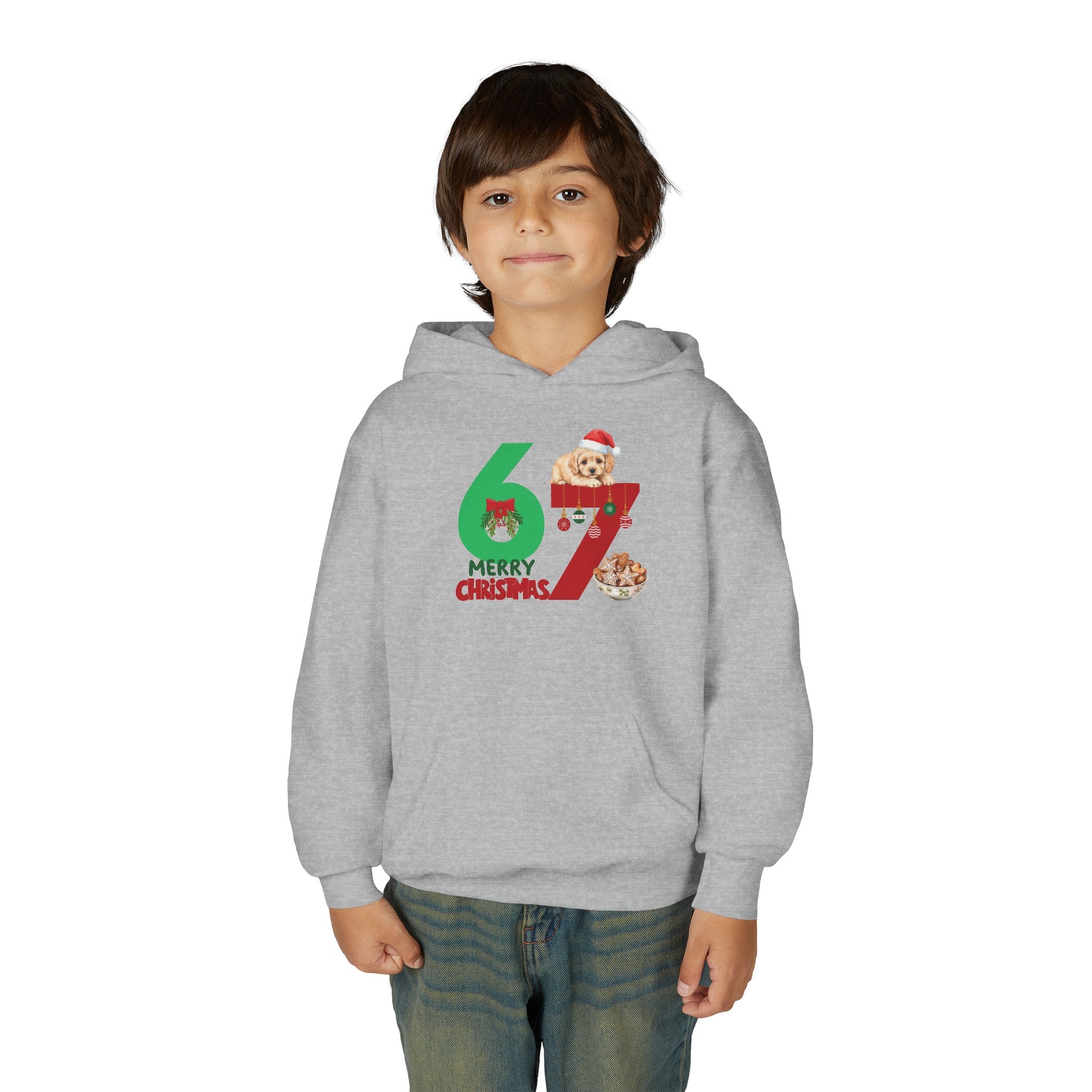 Youth Christmas Hoodie "67 Merry Christmas" Cute Santa Puppy Design