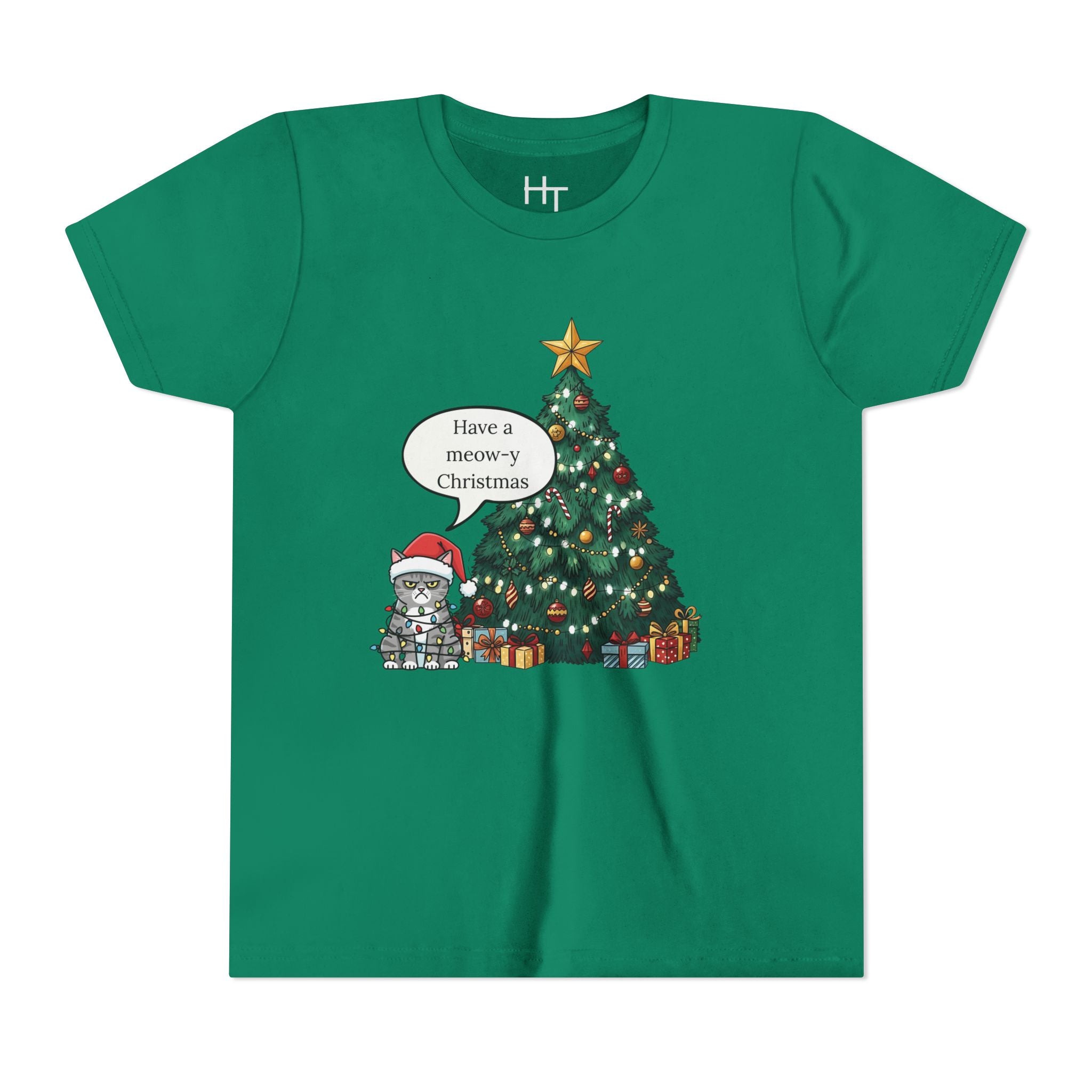 Youth Tee — "Have a Meowy Christmas" Cat & Christmas Tree Holiday Shirt