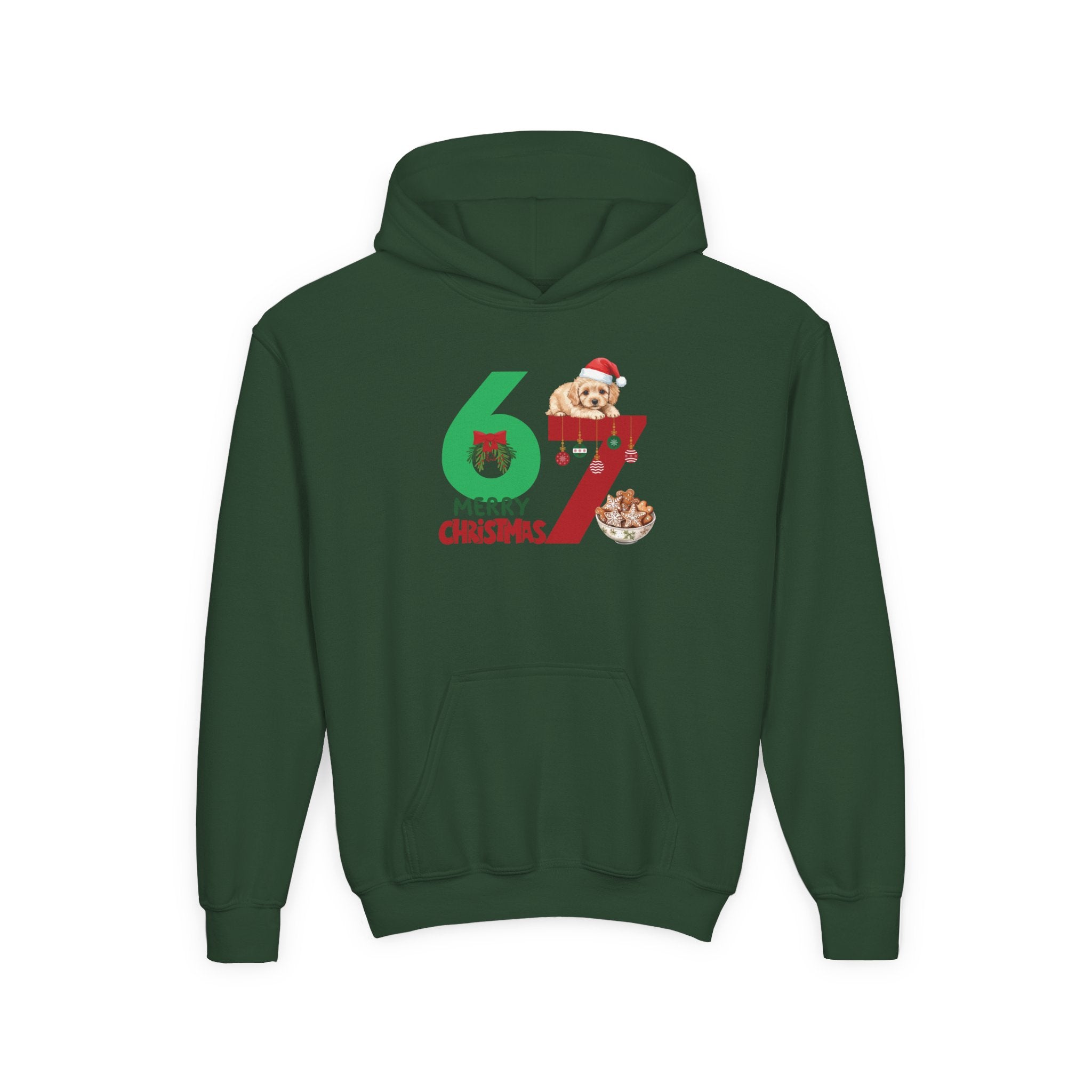 Youth Christmas Hoodie "67 Merry Christmas" Cute Santa Puppy Design