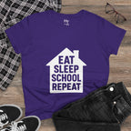 Eat Sleep School Repeat T-Shirt — Women’s Casual Graphic Tee for Homeschoolers