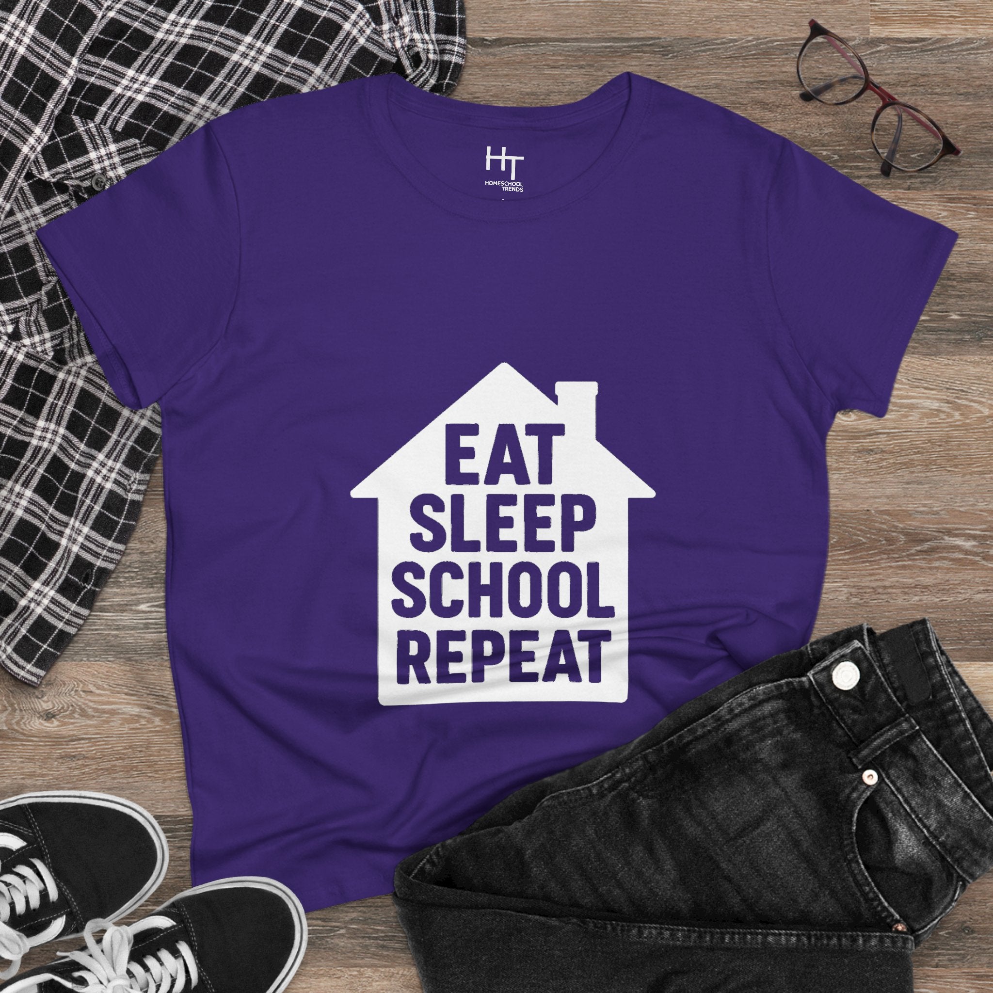 Eat Sleep School Repeat T-Shirt — Women’s Casual Graphic Tee for Homeschoolers