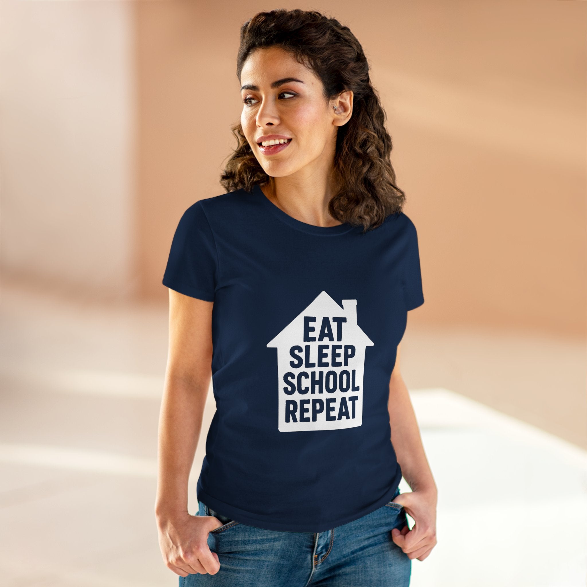 Eat Sleep School Repeat T-Shirt — Women’s Casual Graphic Tee for Homeschoolers