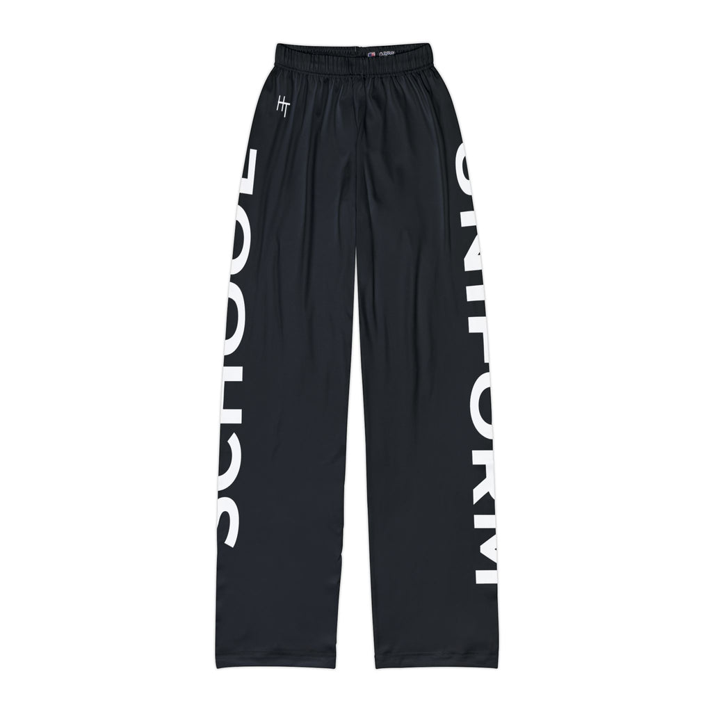 Kids Lounge Pants — Black AOP with Bold 'SCHOOL' and 'UNIFORM' side strips