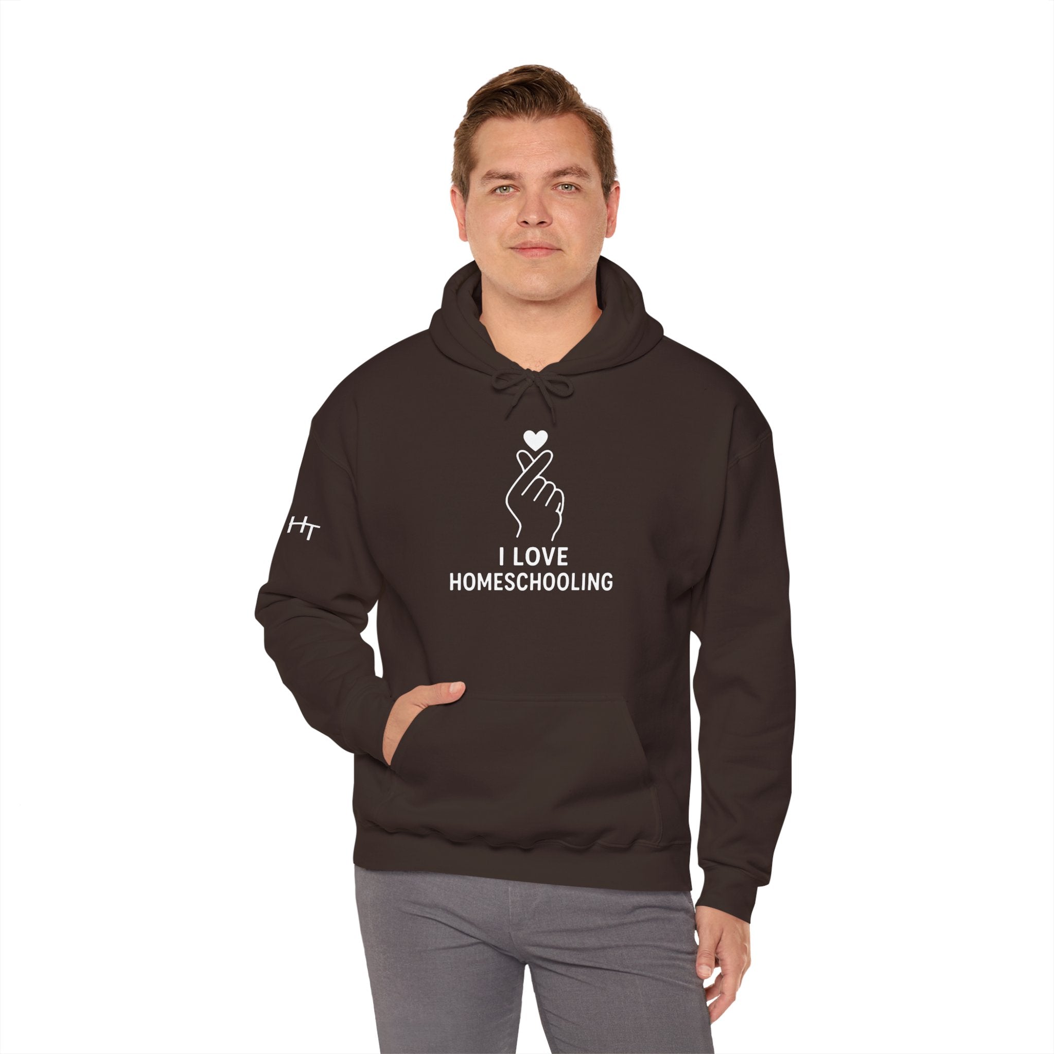 I Love Homeschooling Adult Hoodie — Minimal Heart Finger Design for Homeschool Students/Parents