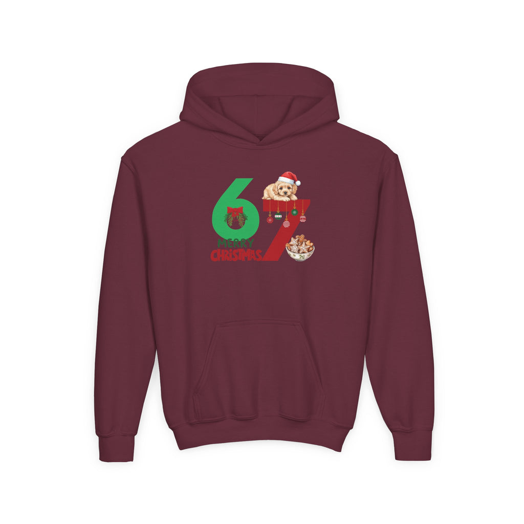 Youth Christmas Hoodie "67 Merry Christmas" Cute Santa Puppy Design