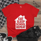 Eat Sleep School Repeat T-Shirt — Women’s Casual Graphic Tee for Homeschoolers