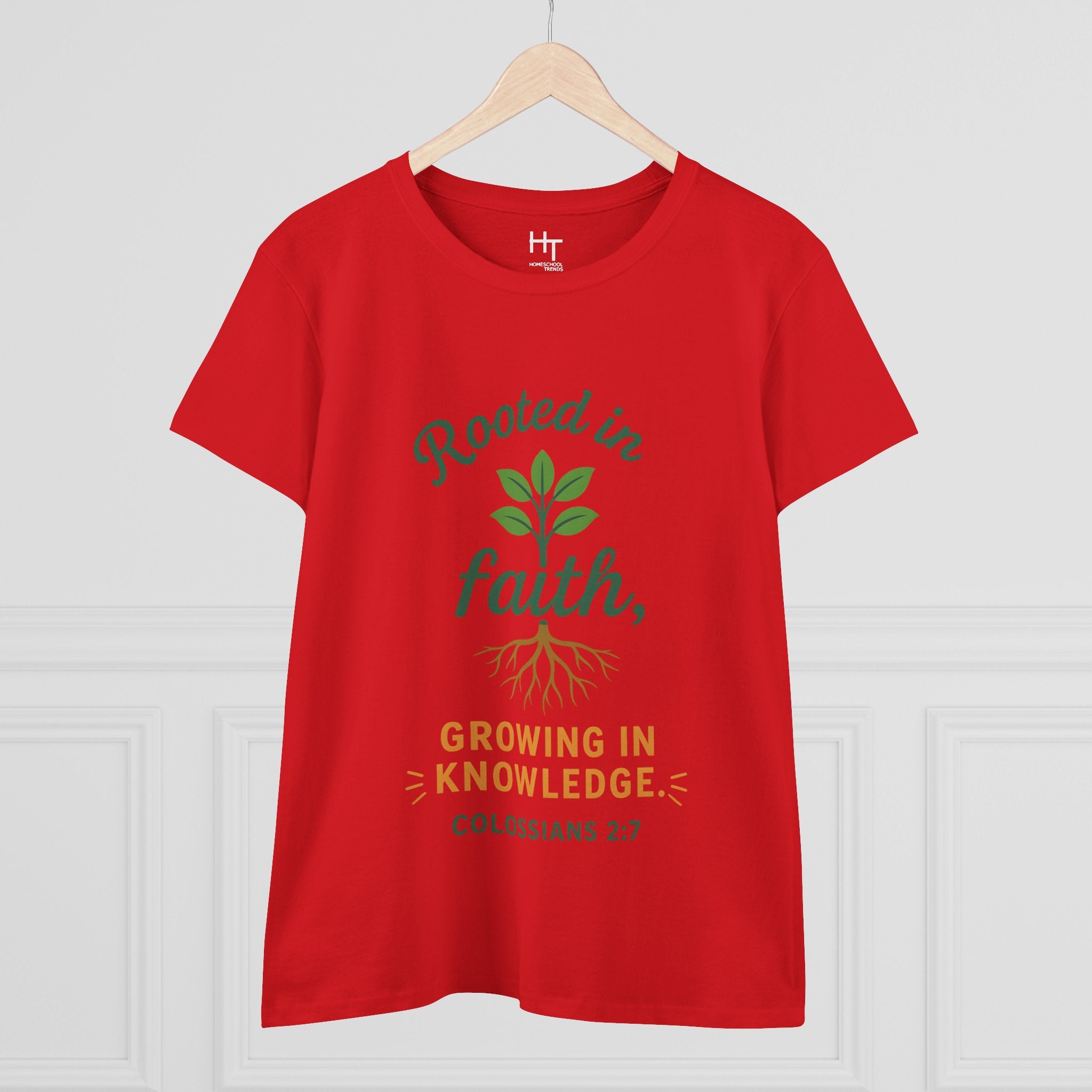 Rooted in Faith Women's Tee — "Growing in Knowledge" Colossians 2:7 Christian T-Shirt