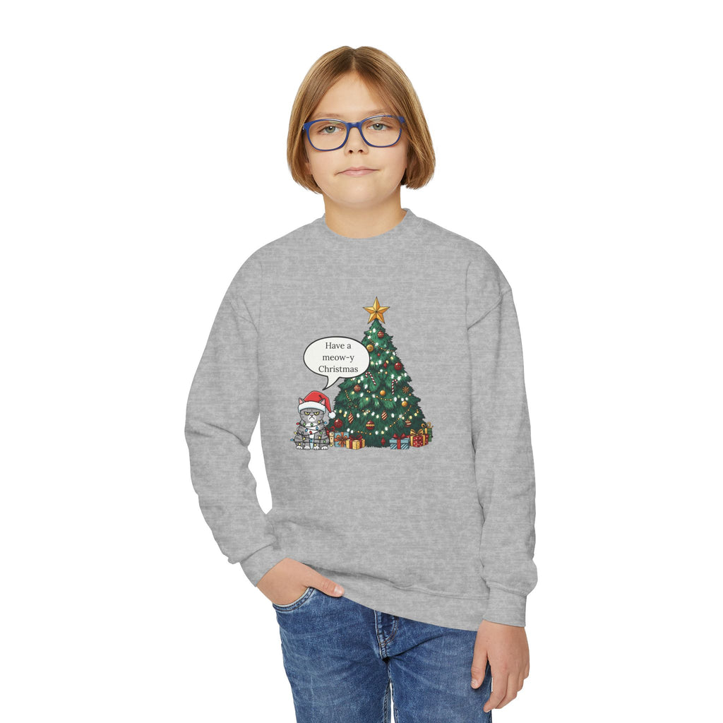 Youth Sweatshirt — Cute Kitty in Santa Hat Next to Decorated Christmas Tree (“Have a Meowy Christmas”)