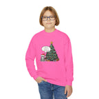 Youth Sweatshirt — Cute Kitty in Santa Hat Next to Decorated Christmas Tree (“Have a Meowy Christmas”)