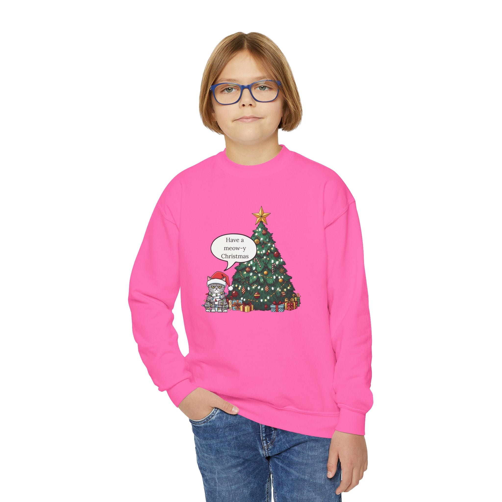 Youth Sweatshirt — Cute Kitty in Santa Hat Next to Decorated Christmas Tree (“Have a Meowy Christmas”)