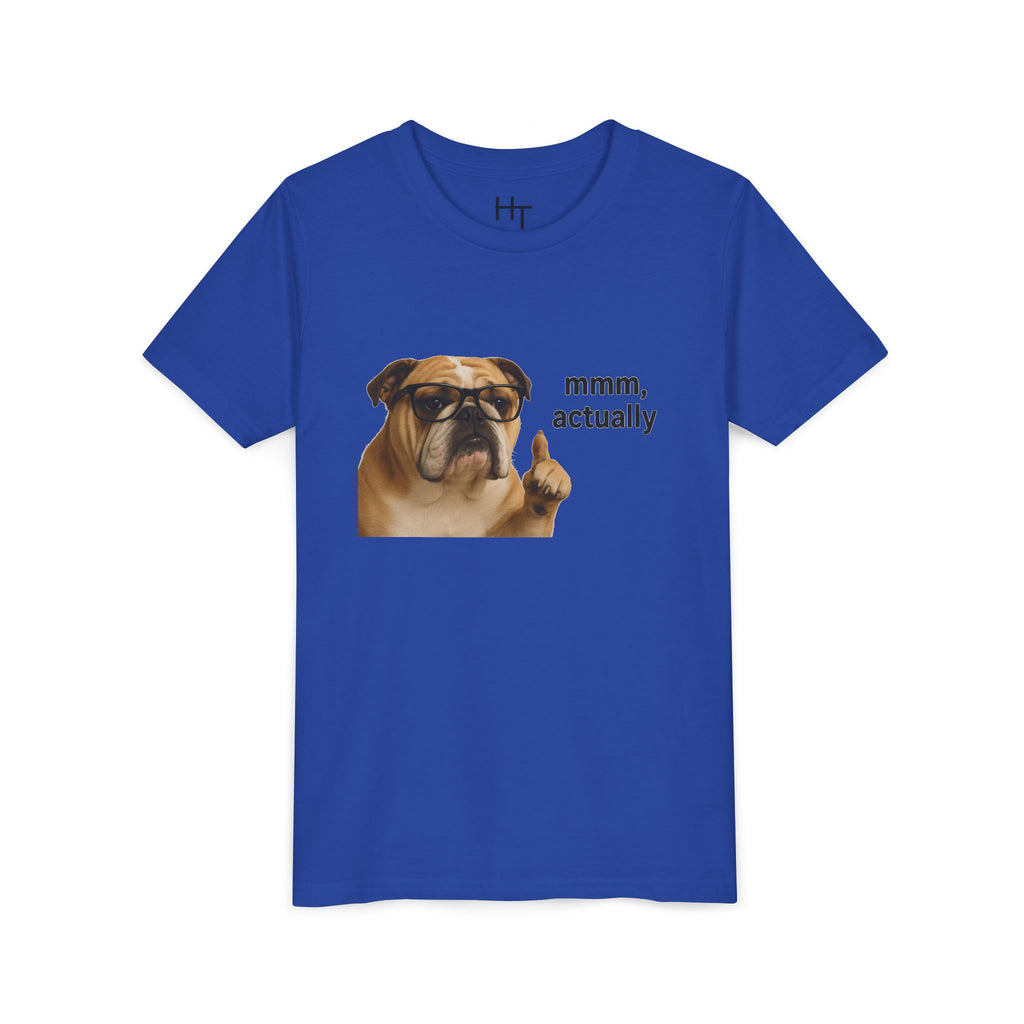 Youth Tee — Funny Bulldog Graphic “mmm, actually” Kids Shirt