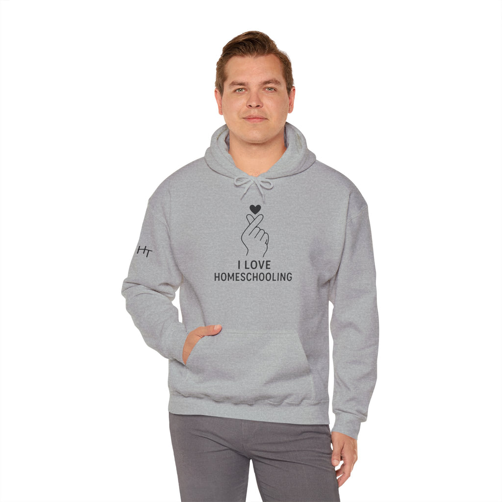 I Love Homeschooling Adult Hoodie — Minimal Heart Finger Design for Homeschool Students/Parents
