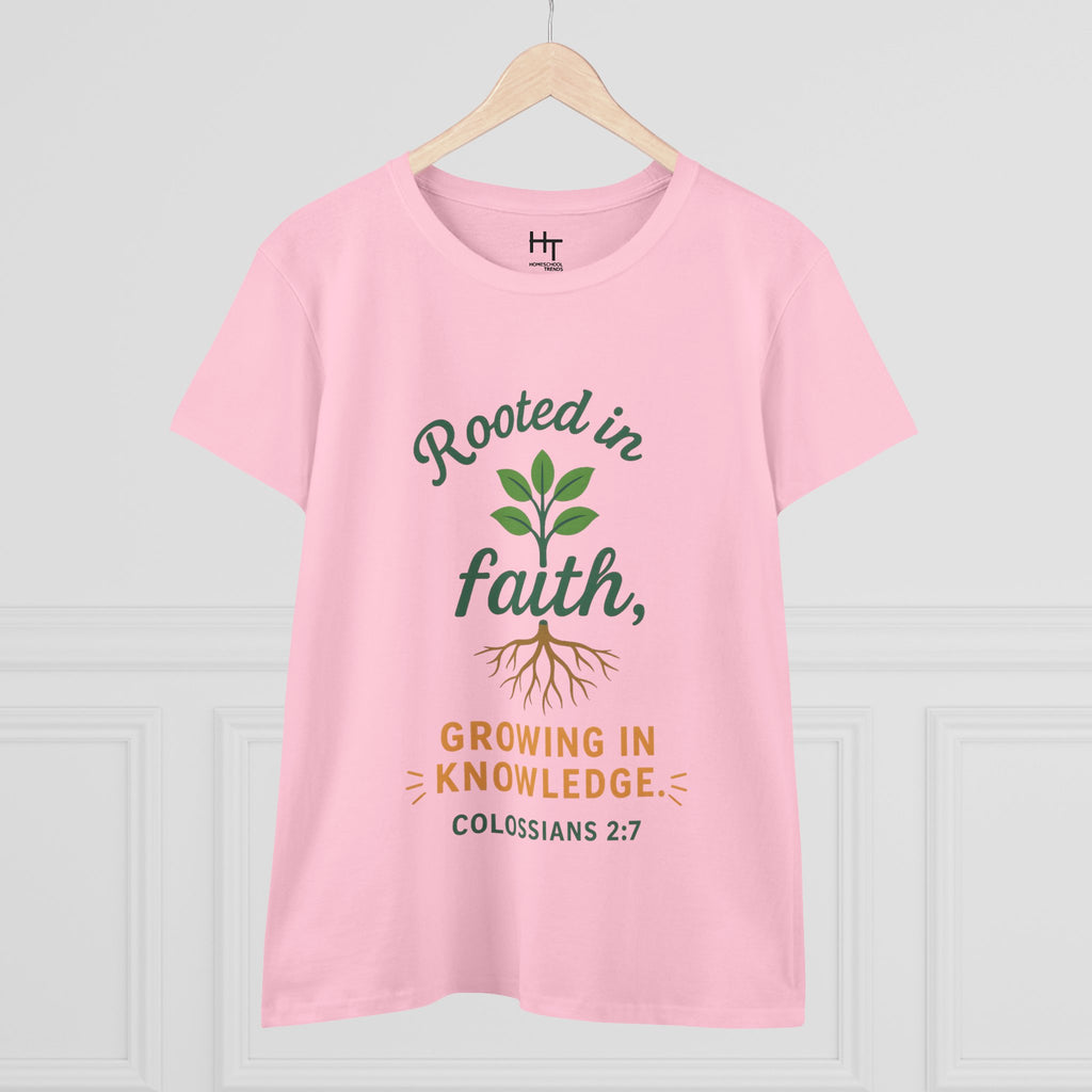Rooted in Faith Women's Tee — "Growing in Knowledge" Colossians 2:7 Christian T-Shirt