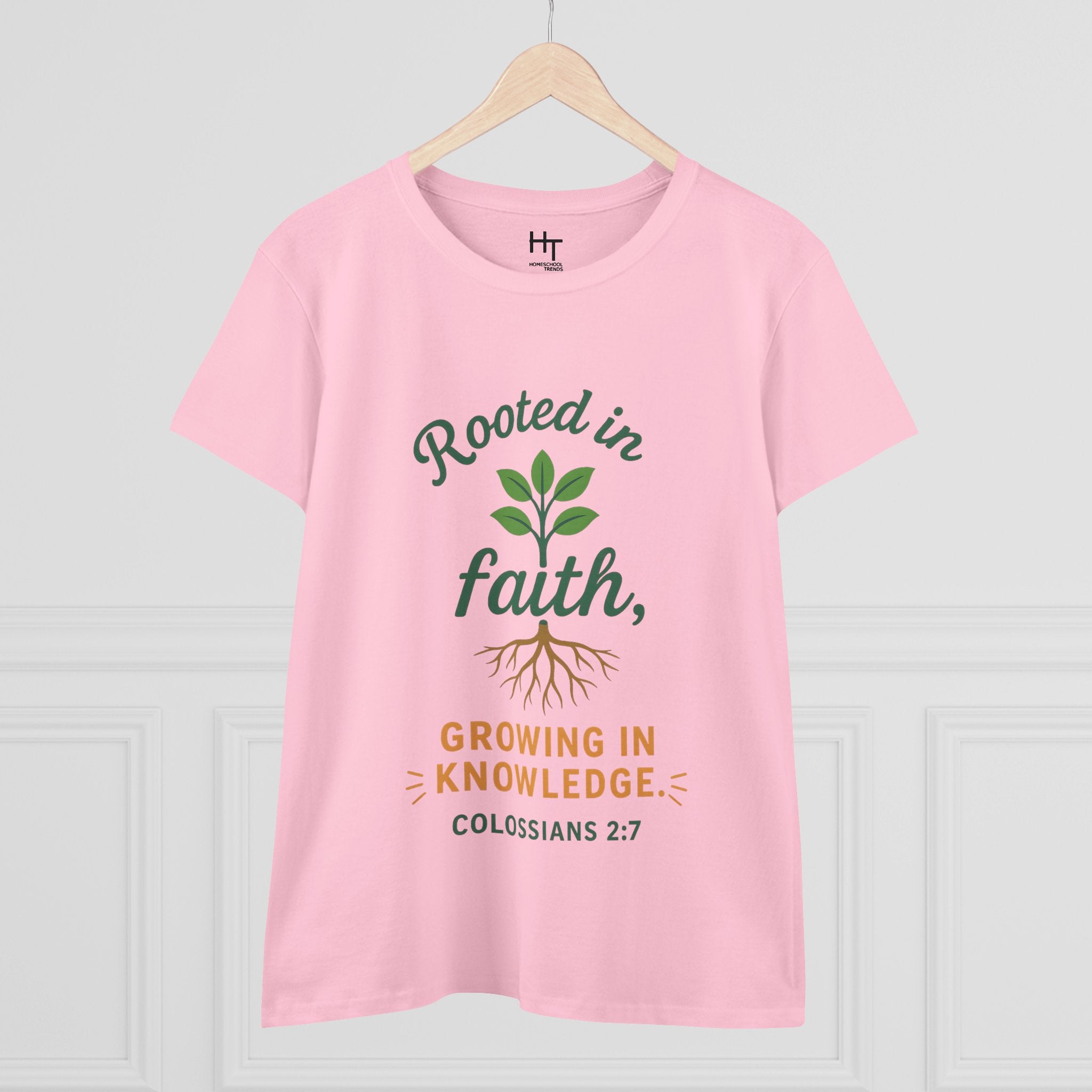 Rooted in Faith Women's Tee — "Growing in Knowledge" Colossians 2:7 Christian T-Shirt