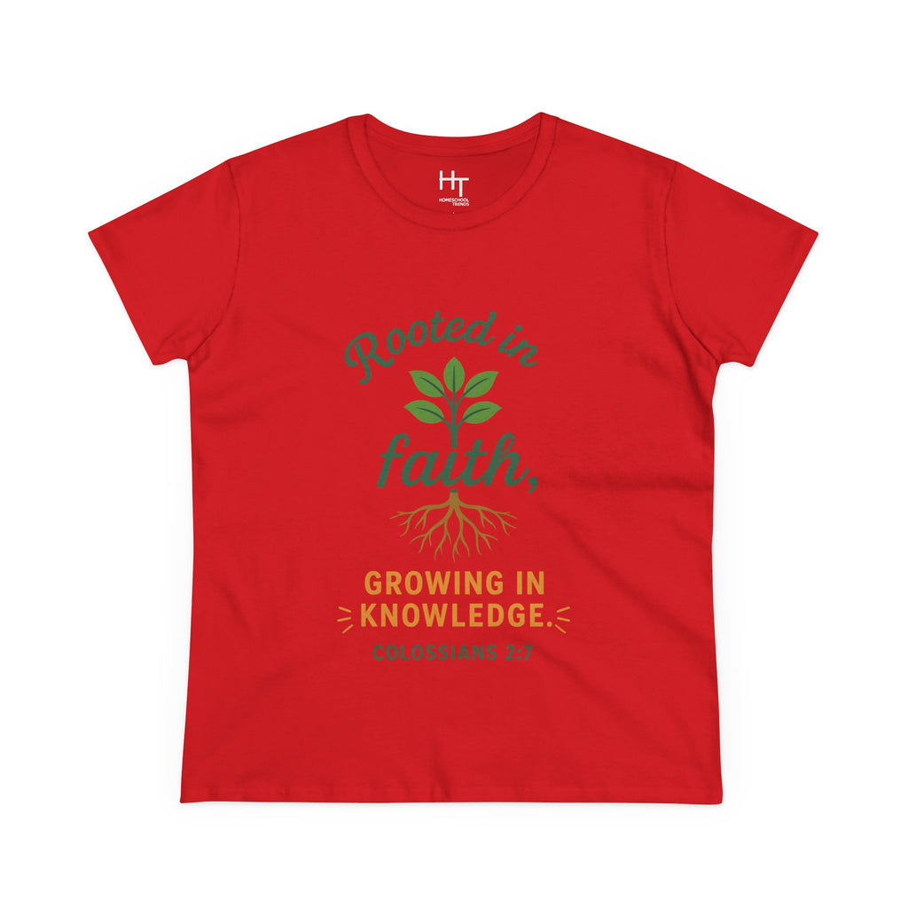 Rooted in Faith Women's Tee — "Growing in Knowledge" Colossians 2:7 Christian T-Shirt