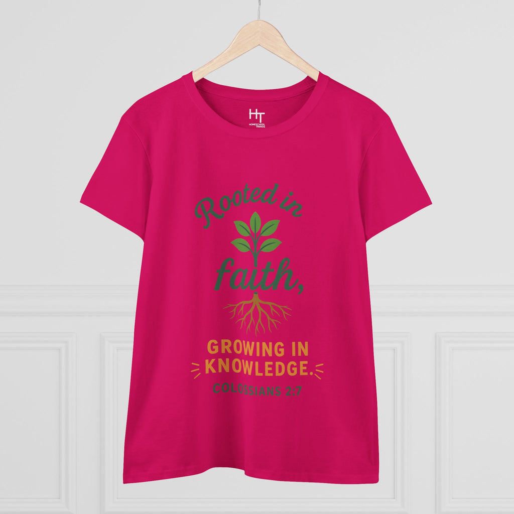 Rooted in Faith Women's Tee — "Growing in Knowledge" Colossians 2:7 Christian T-Shirt