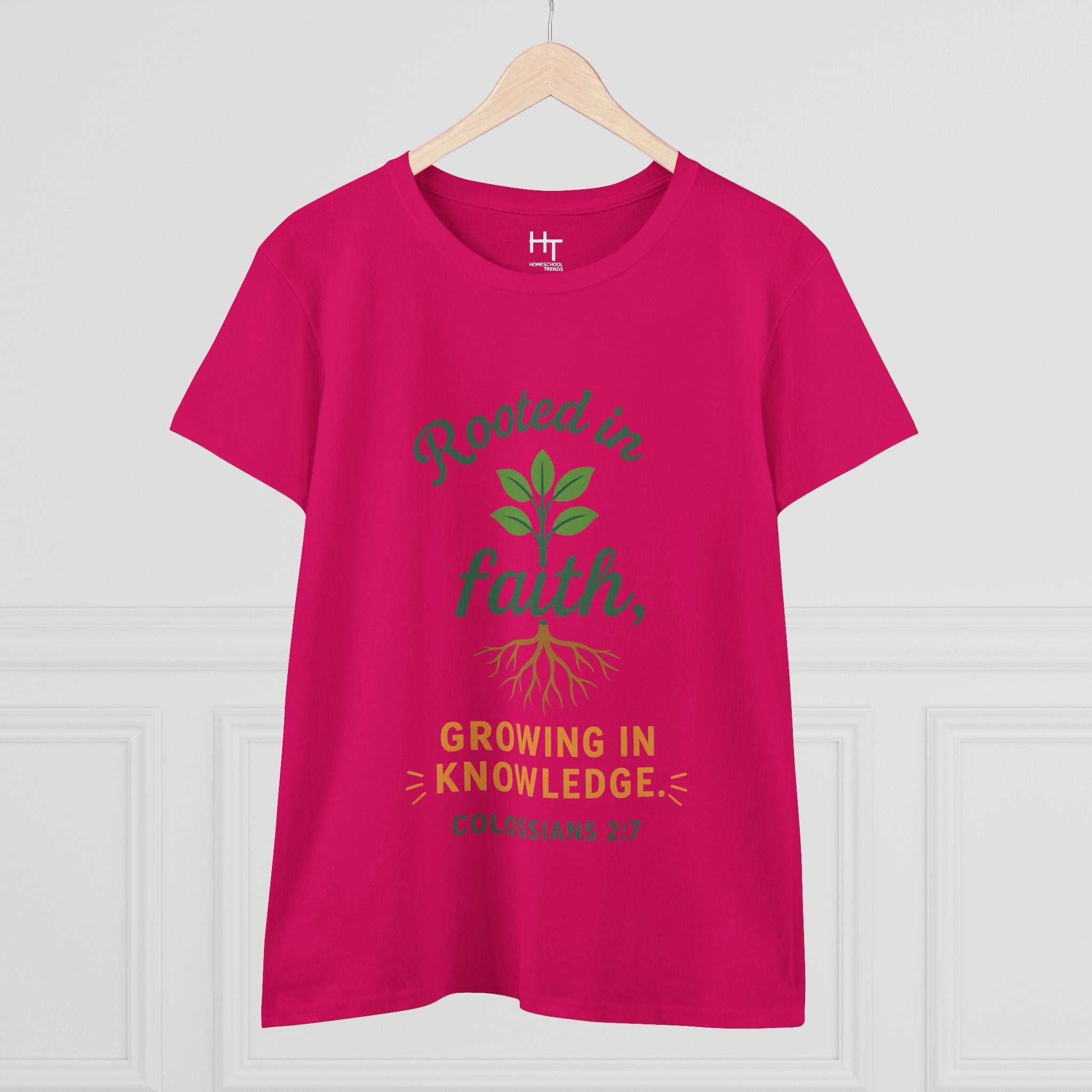 Rooted in Faith Women's Tee — "Growing in Knowledge" Colossians 2:7 Christian T-Shirt