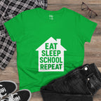 Eat Sleep School Repeat T-Shirt — Women’s Casual Graphic Tee for Homeschoolers