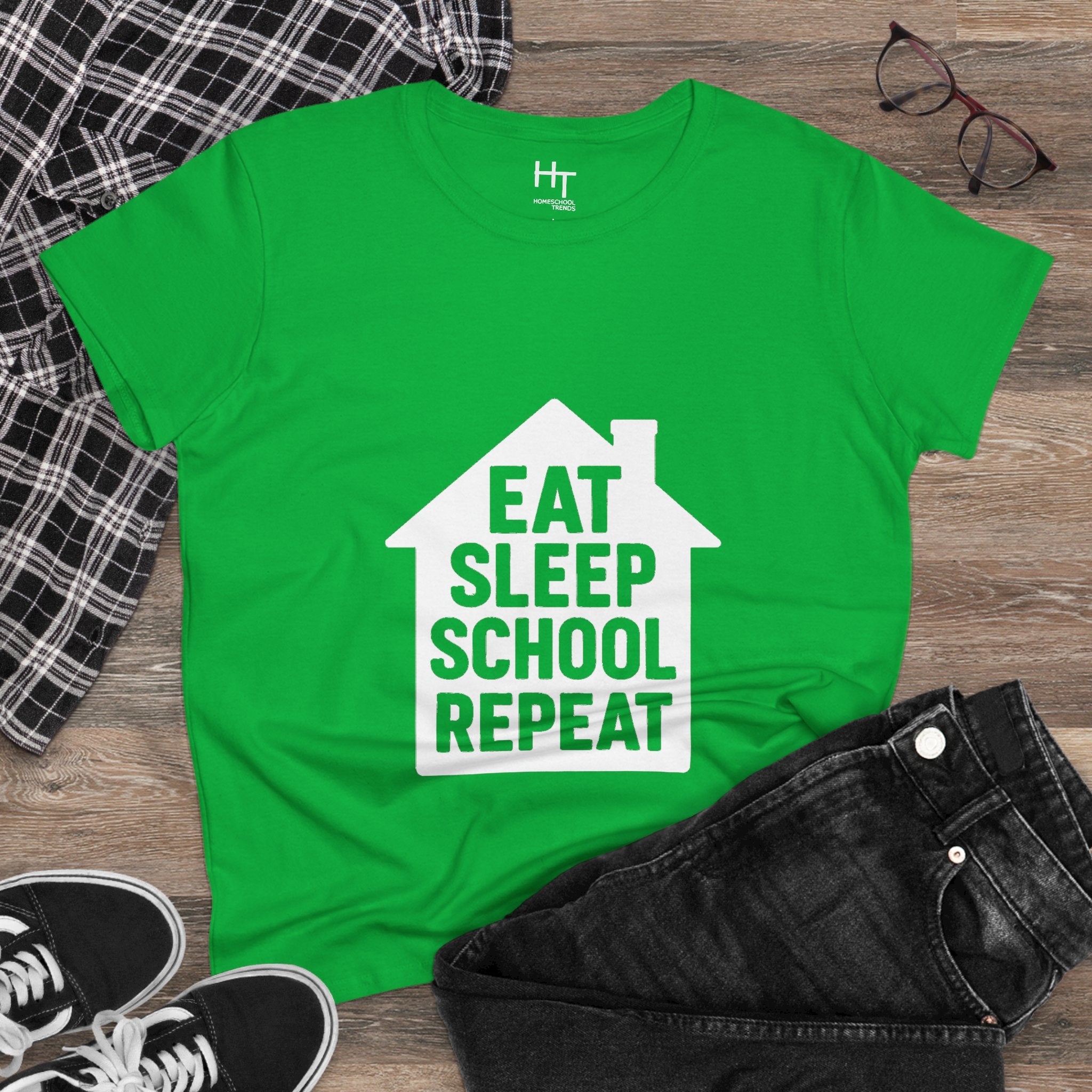 Eat Sleep School Repeat T-Shirt — Women’s Casual Graphic Tee for Homeschoolers