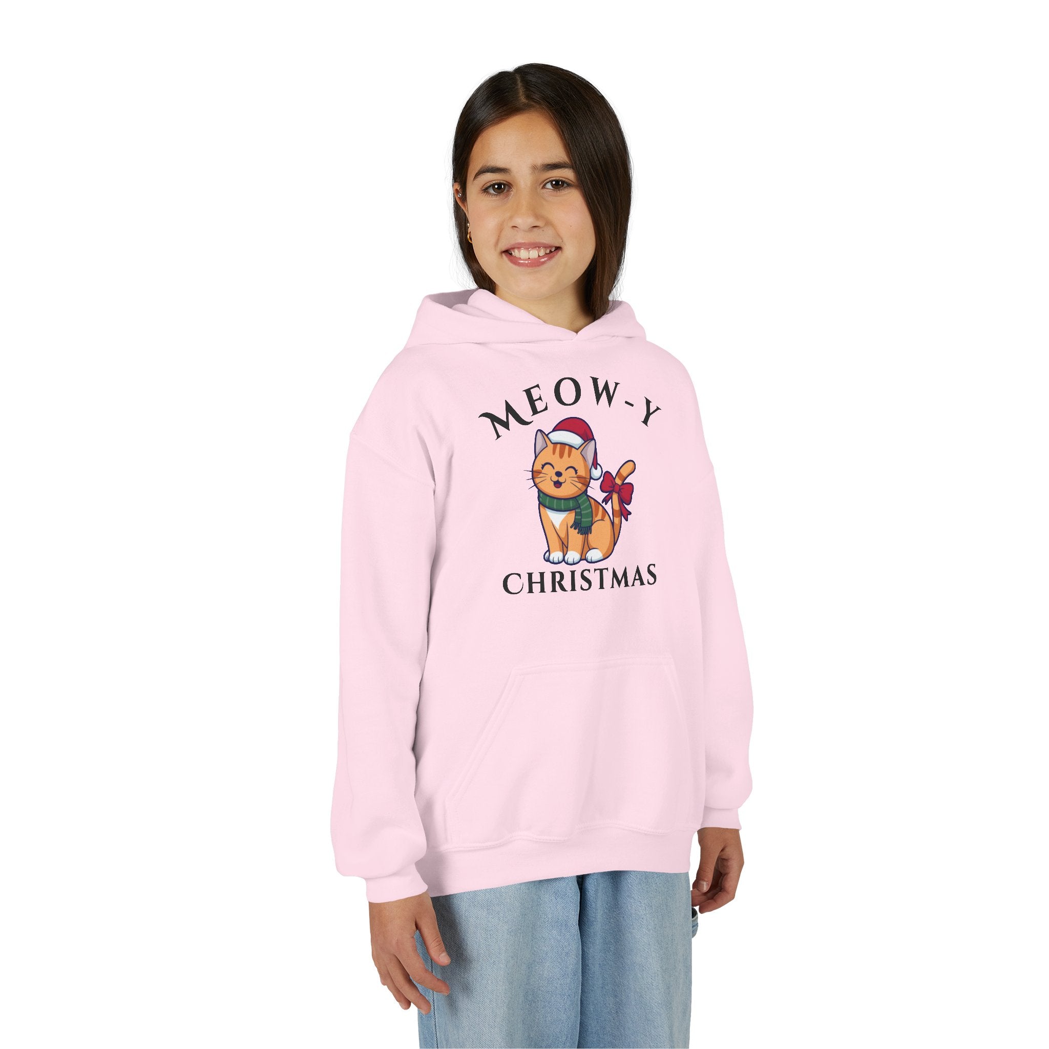 Meowy Christmas Youth Hoodie — Cute Cat Santa Holiday Sweatshirt