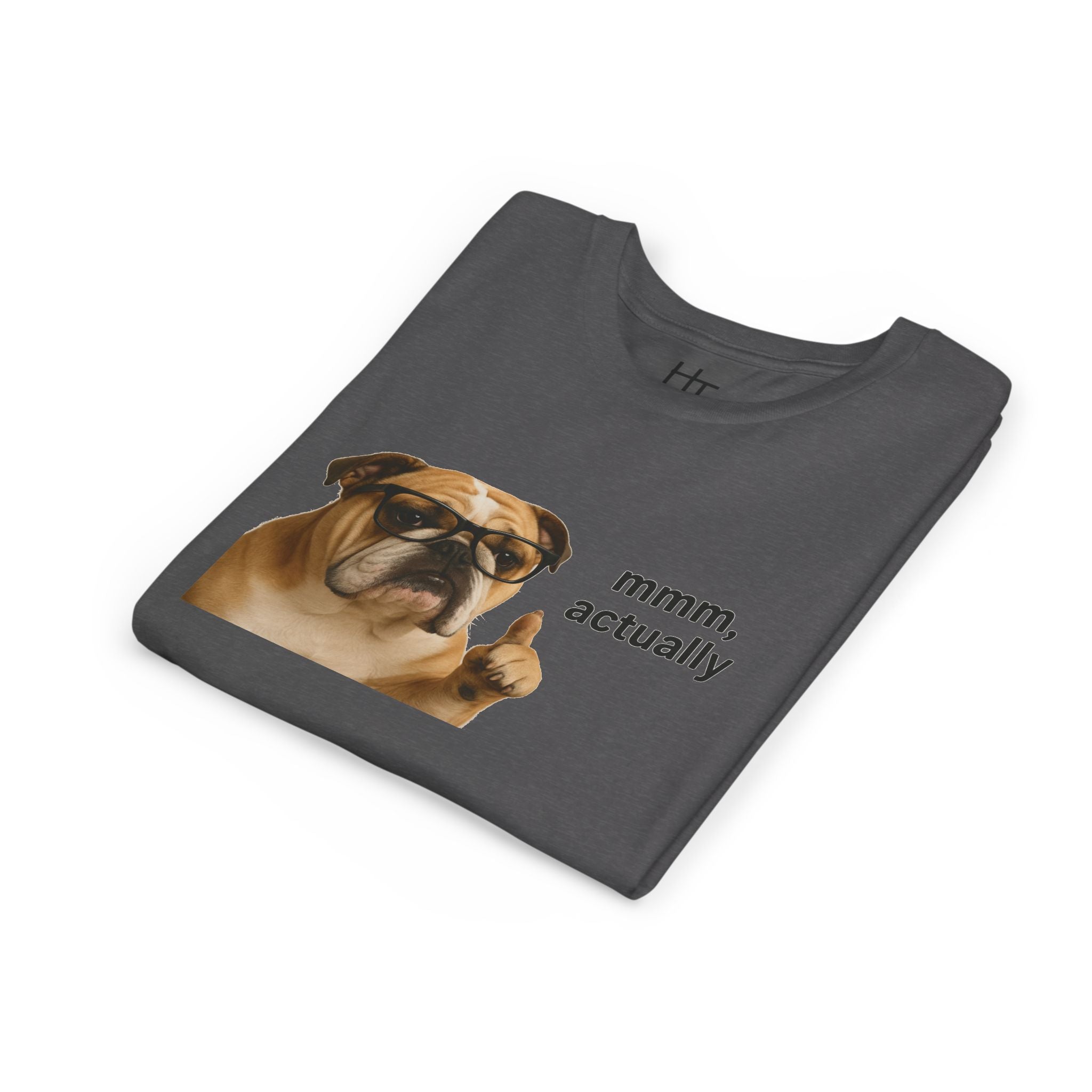 Youth Tee — Funny Bulldog Graphic “mmm, actually” Kids Shirt