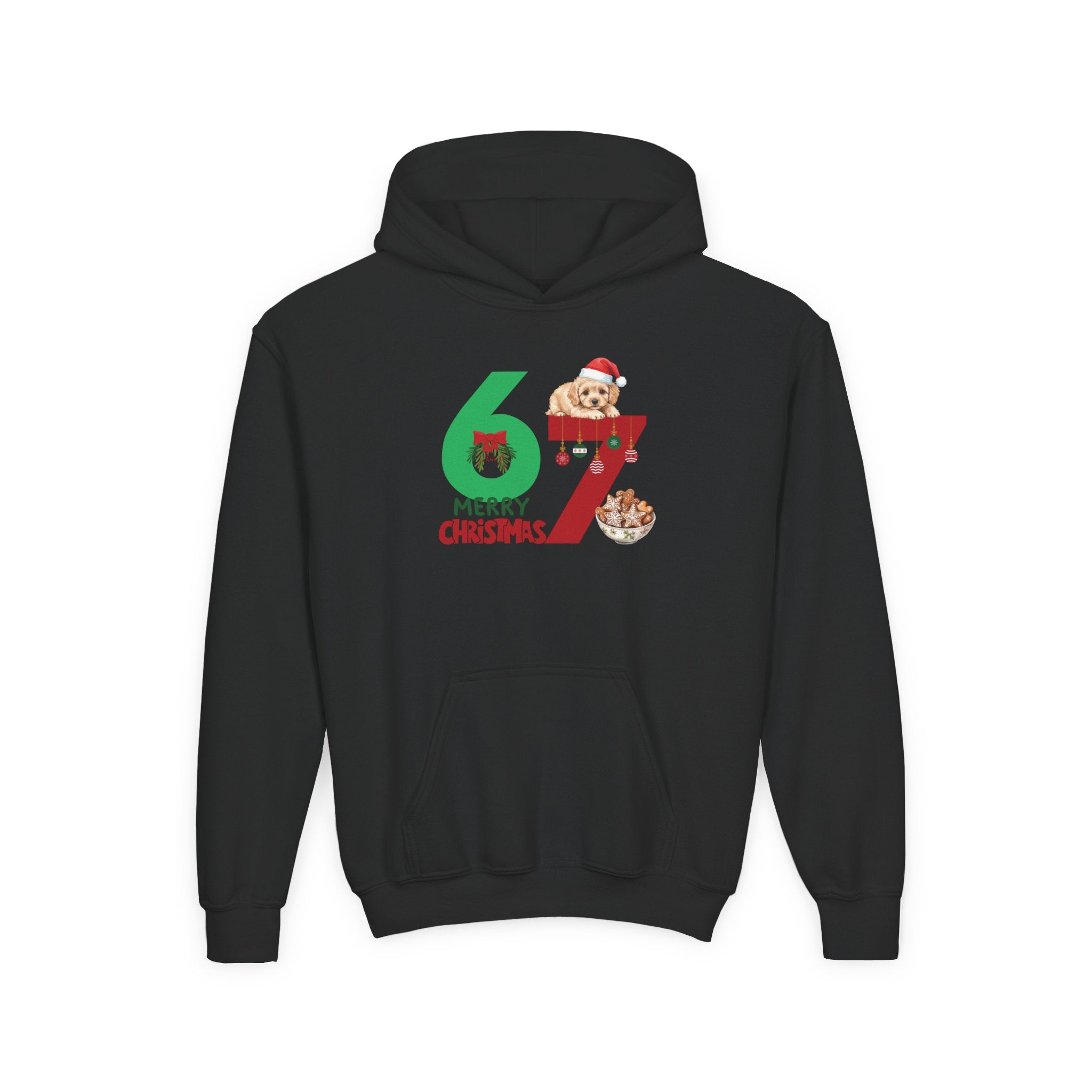 Youth Christmas Hoodie "67 Merry Christmas" Cute Santa Puppy Design