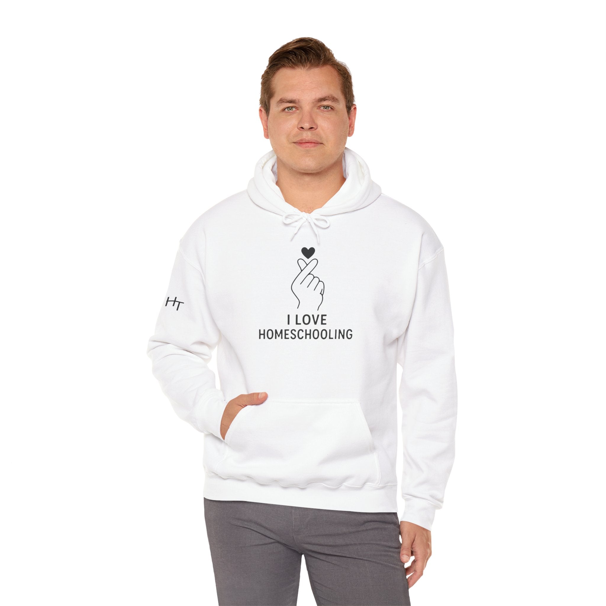 I Love Homeschooling Adult Hoodie — Minimal Heart Finger Design for Homeschool Students/Parents