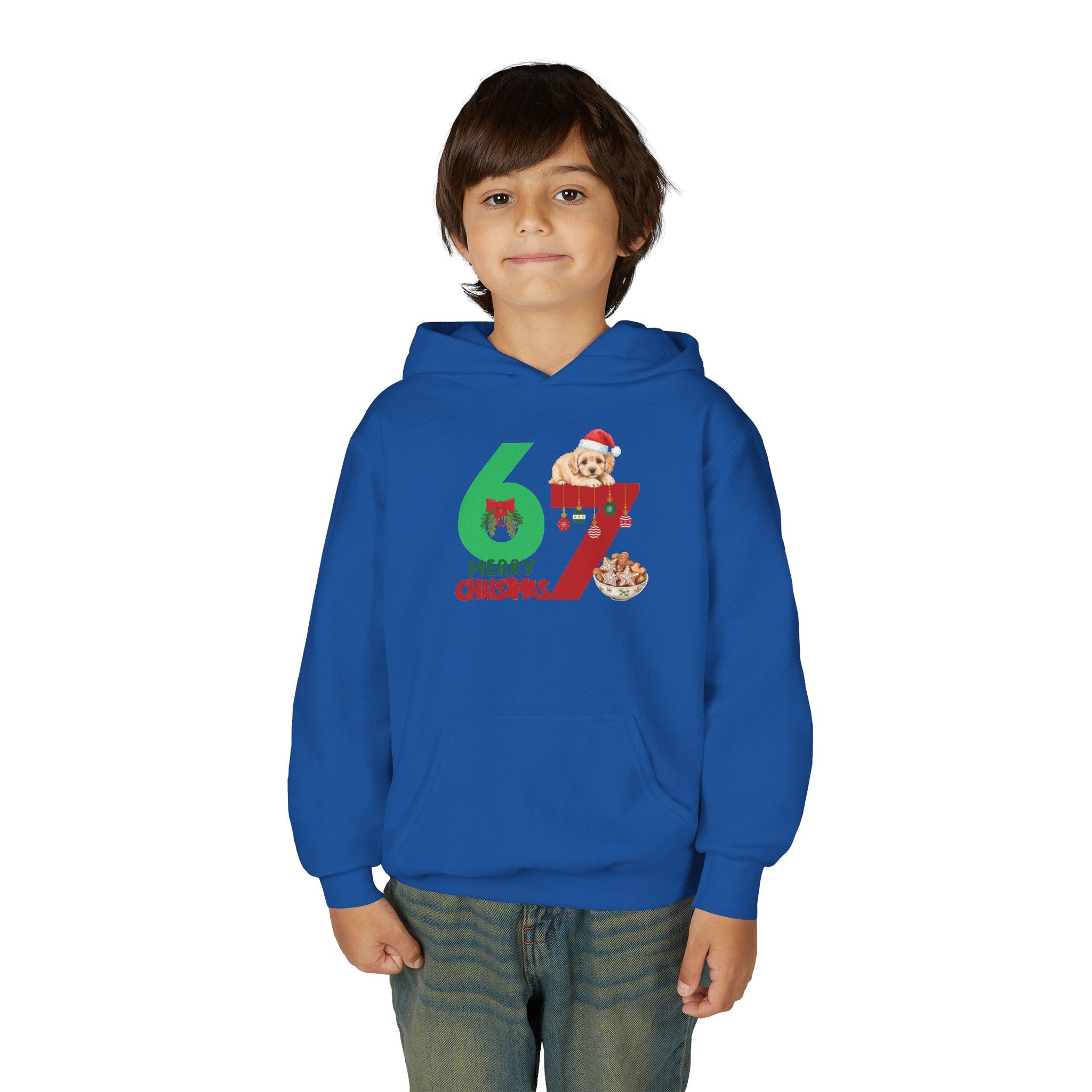 Youth Christmas Hoodie "67 Merry Christmas" Cute Santa Puppy Design