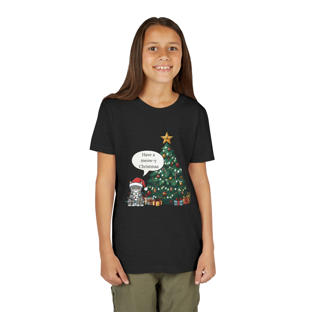 Youth Tee — "Have a Meowy Christmas" Cat & Christmas Tree Holiday Shirt
