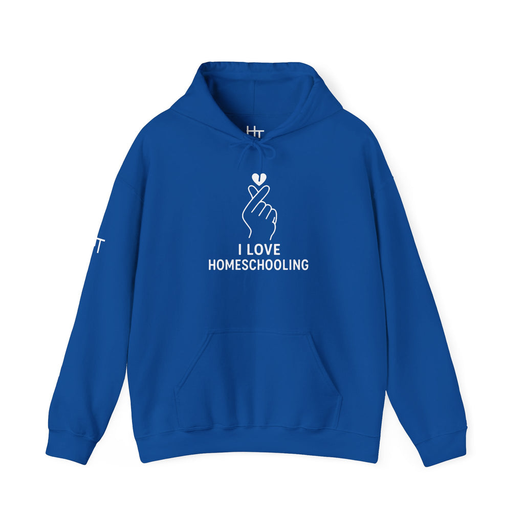I Love Homeschooling Adult Hoodie — Minimal Heart Finger Design for Homeschool Students/Parents