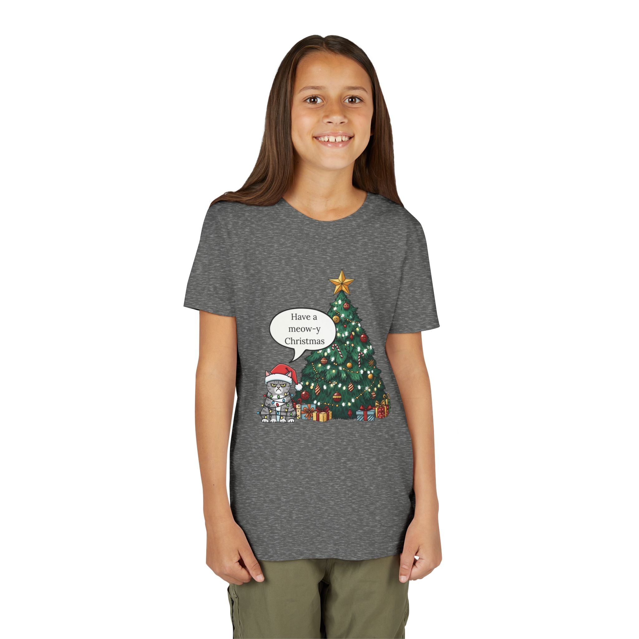 Youth Tee — "Have a Meowy Christmas" Cat & Christmas Tree Holiday Shirt
