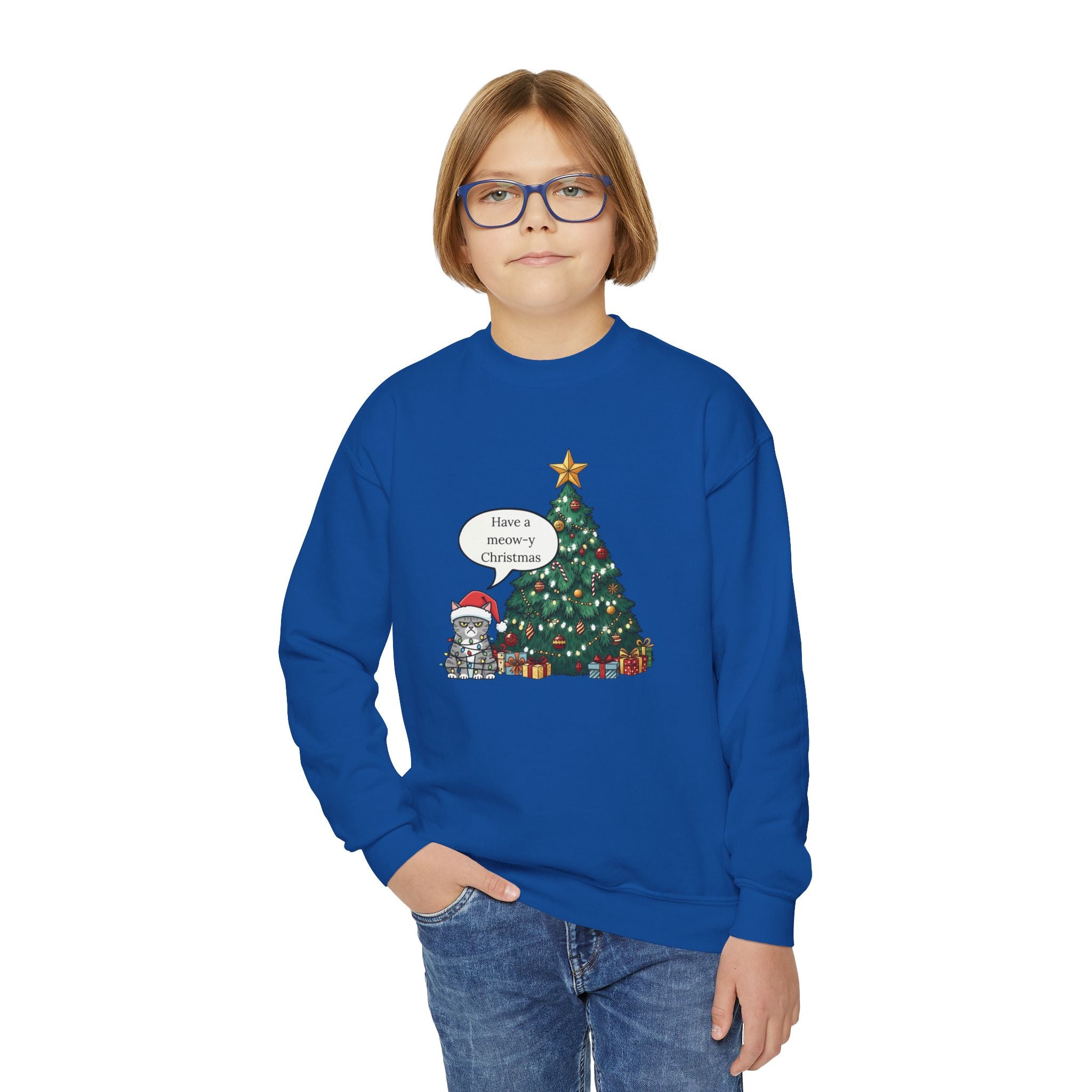 Youth Sweatshirt — Cute Kitty in Santa Hat Next to Decorated Christmas Tree (“Have a Meowy Christmas”)