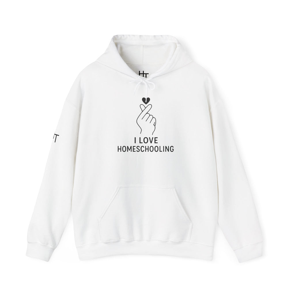 I Love Homeschooling Adult Hoodie — Minimal Heart Finger Design for Homeschool Students/Parents