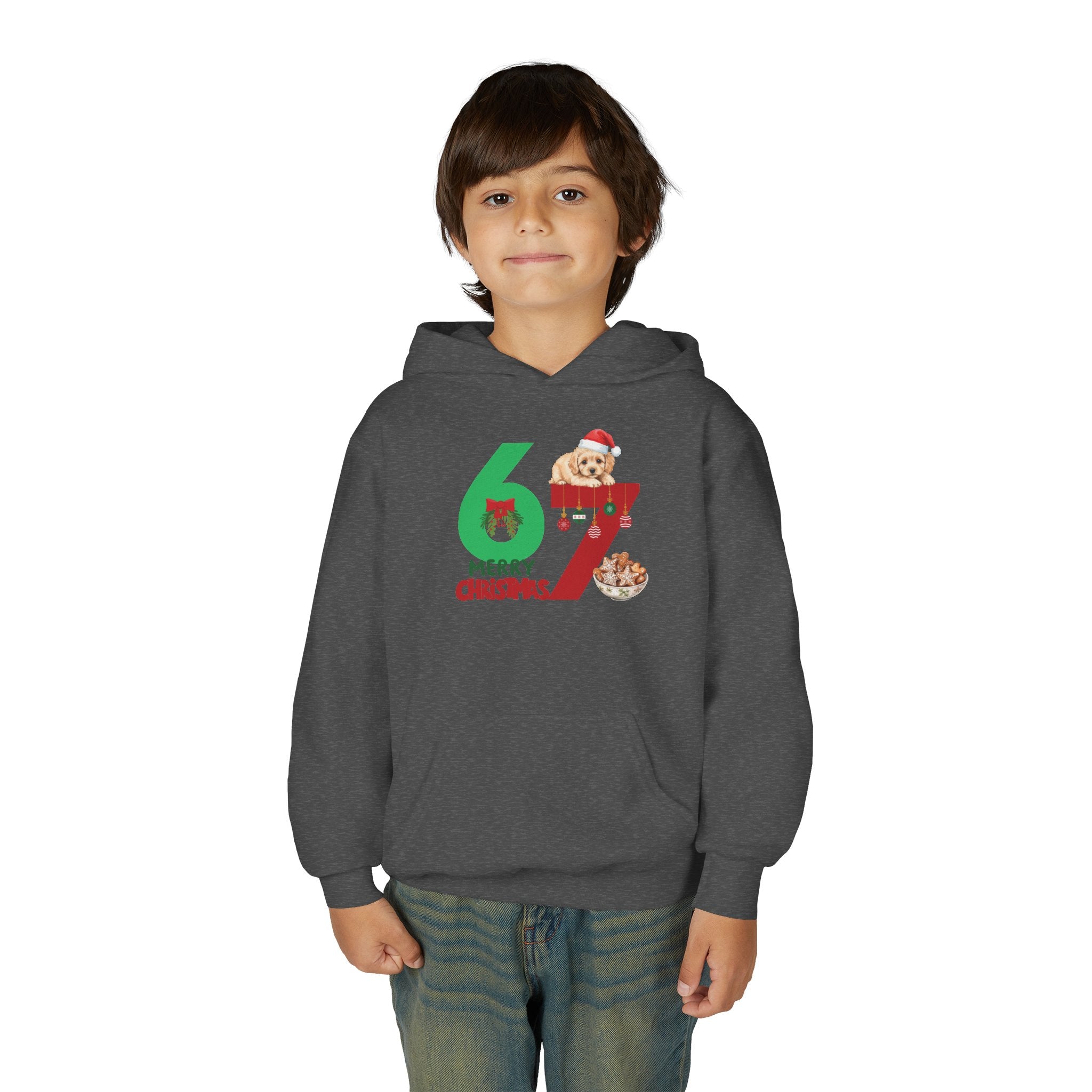 Youth Christmas Hoodie "67 Merry Christmas" Cute Santa Puppy Design