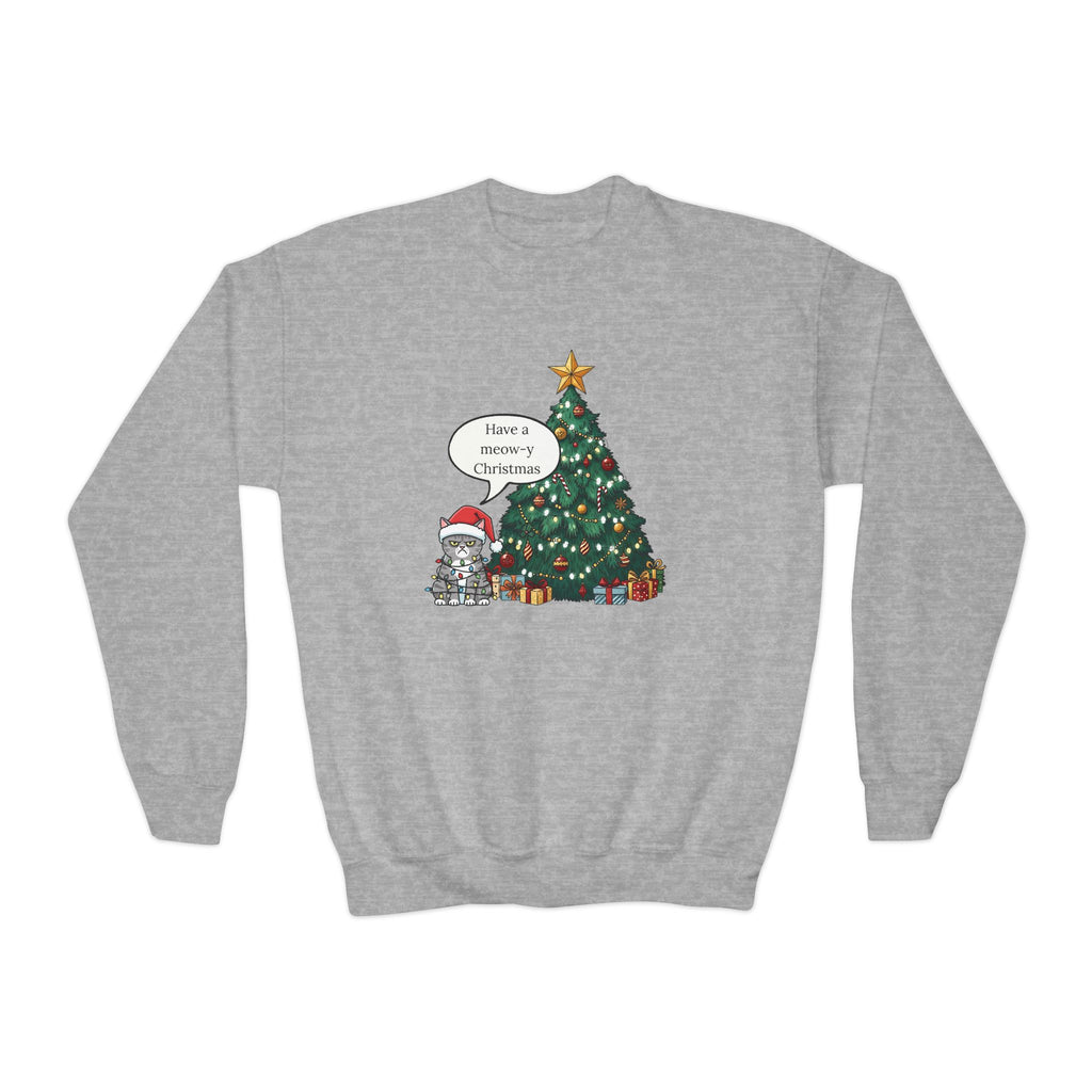 Youth Sweatshirt — Cute Kitty in Santa Hat Next to Decorated Christmas Tree (“Have a Meowy Christmas”)