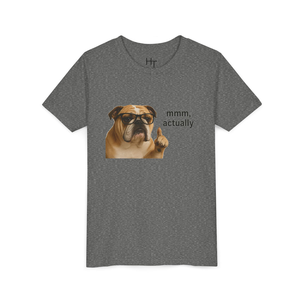 Youth Tee — Funny Bulldog Graphic “mmm, actually” Kids Shirt