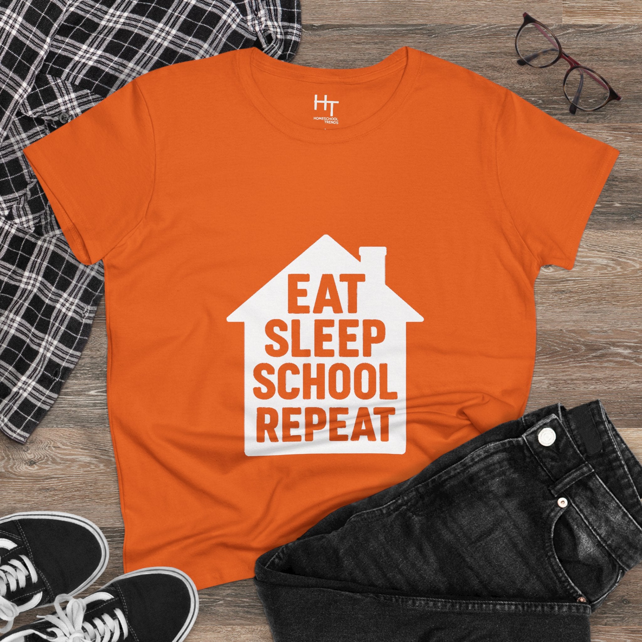 Eat Sleep School Repeat T-Shirt — Women’s Casual Graphic Tee for Homeschoolers