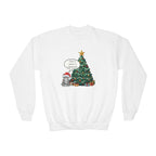 Youth Sweatshirt — Cute Kitty in Santa Hat Next to Decorated Christmas Tree (“Have a Meowy Christmas”)