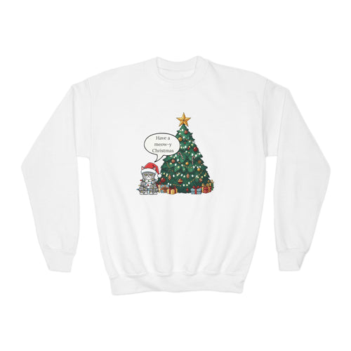 Youth Sweatshirt — Cute Kitty in Santa Hat Next to Decorated Christmas Tree (“Have a Meowy Christmas”)