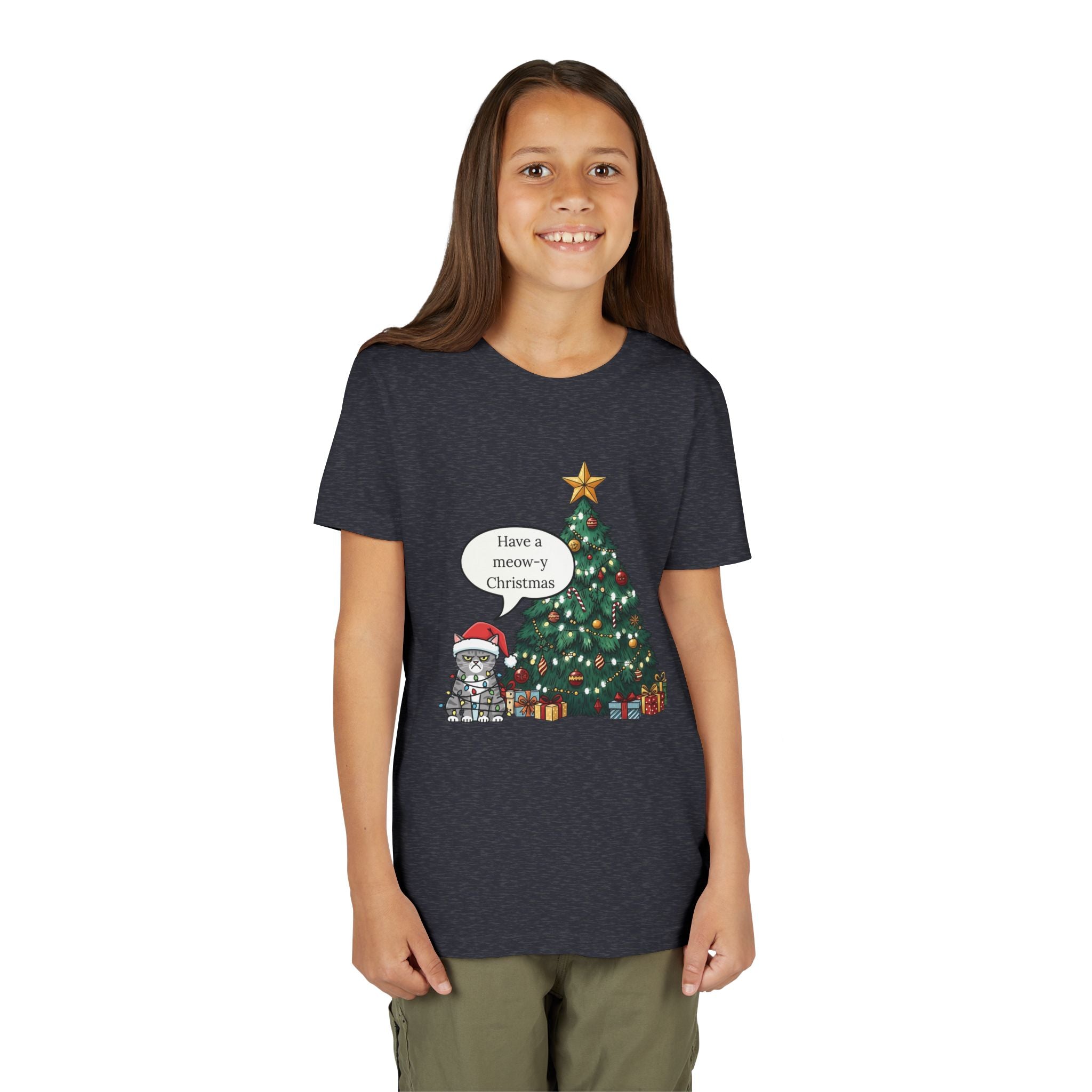 Youth Tee — "Have a Meowy Christmas" Cat & Christmas Tree Holiday Shirt